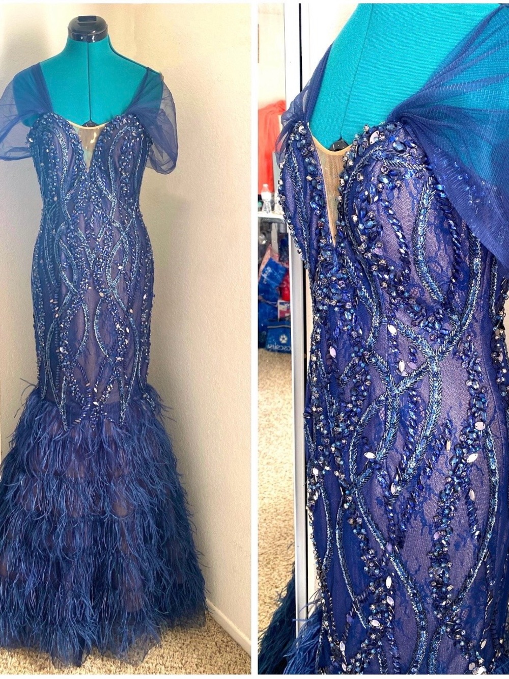 Terani Couture Navy Blue Beaded Feather-Hem Maxi Gown 6